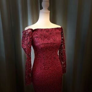 Elegant Burgundy Lace Off-Shoulder Dress